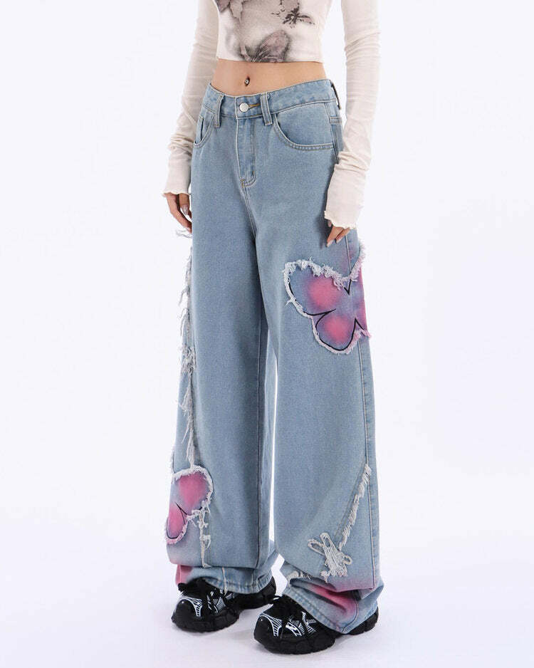 Pink Butterfly Wide Leg Jeans - Trendy Y2K Outfits for Women