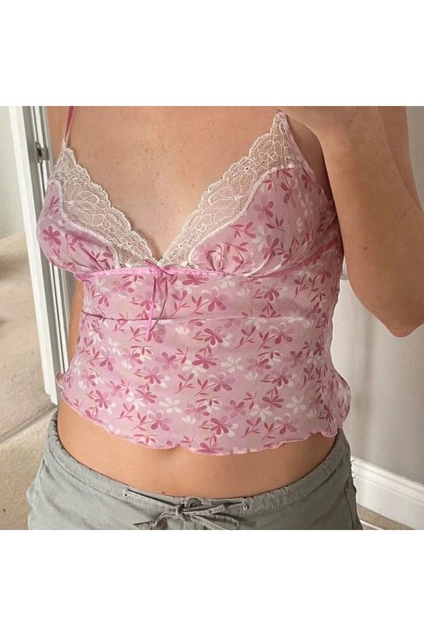 Pink Petal Lace Trim Top - Trendy Y2K Outfits for Women & Girls