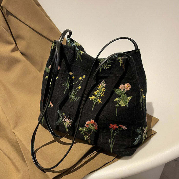 Plant Mom Aesthetic Flower Embroidery Bag | Y2K Outfits Women’s Fashion