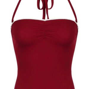 Red Lace-Trim Halter Top - Trendy Y2K Outfits for Women & Girls