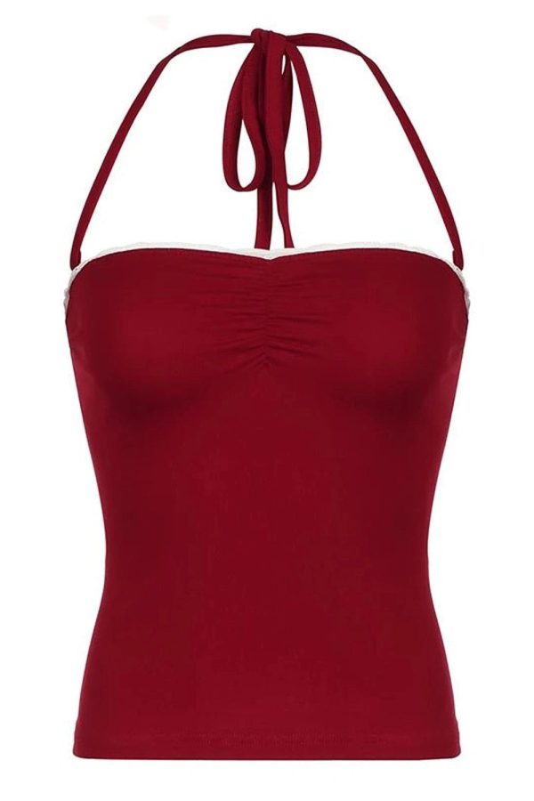 Red Lace-Trim Halter Top - Trendy Y2K Outfits for Women & Girls