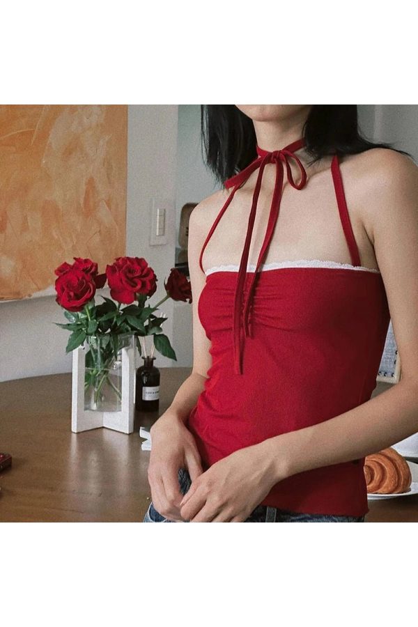 Red Lace-Trim Halter Top - Trendy Y2K Outfits for Women & Girls