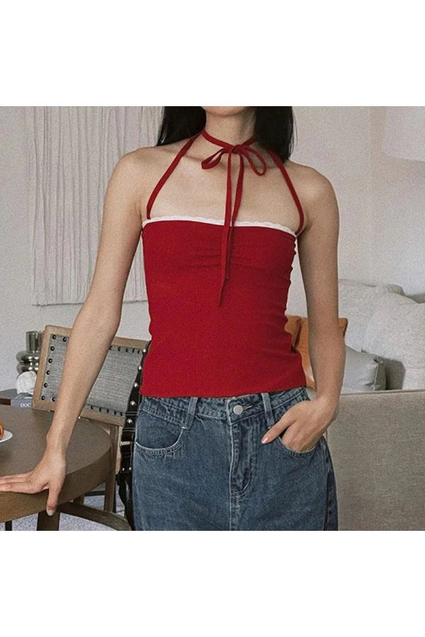 Red Lace-Trim Halter Top - Trendy Y2K Outfits for Women & Girls