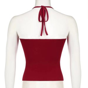 Red Lace-Trim Halter Top - Trendy Y2K Outfits for Women & Girls