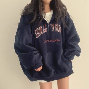 Retro Campus Half-Zip Hoodie - Y2K Outfits for Women, Cute & Aesthetic