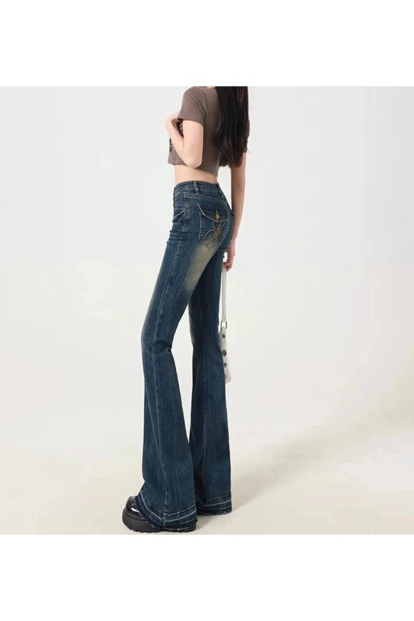 Retro Embroidered Flare Jeans - Y2K Outfits for Women, Cute & Aesthetic