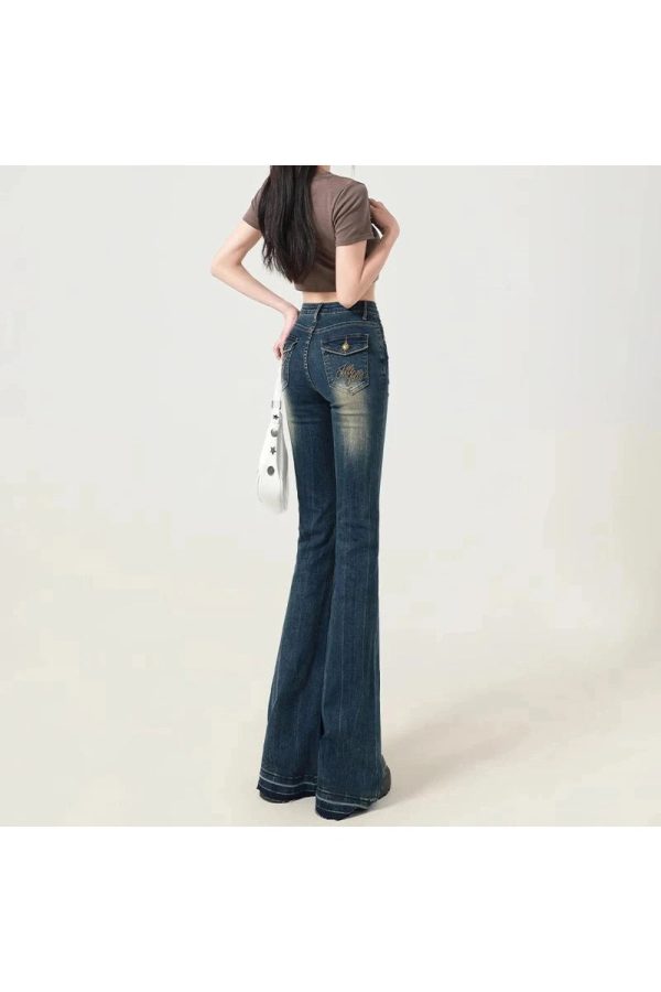 Retro Embroidered Flare Jeans - Y2K Outfits for Women, Cute & Aesthetic