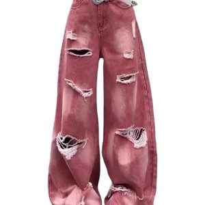 Retro Rose Distressed Baggy Jeans - Y2K Outfits for Women, Cute & Trendy