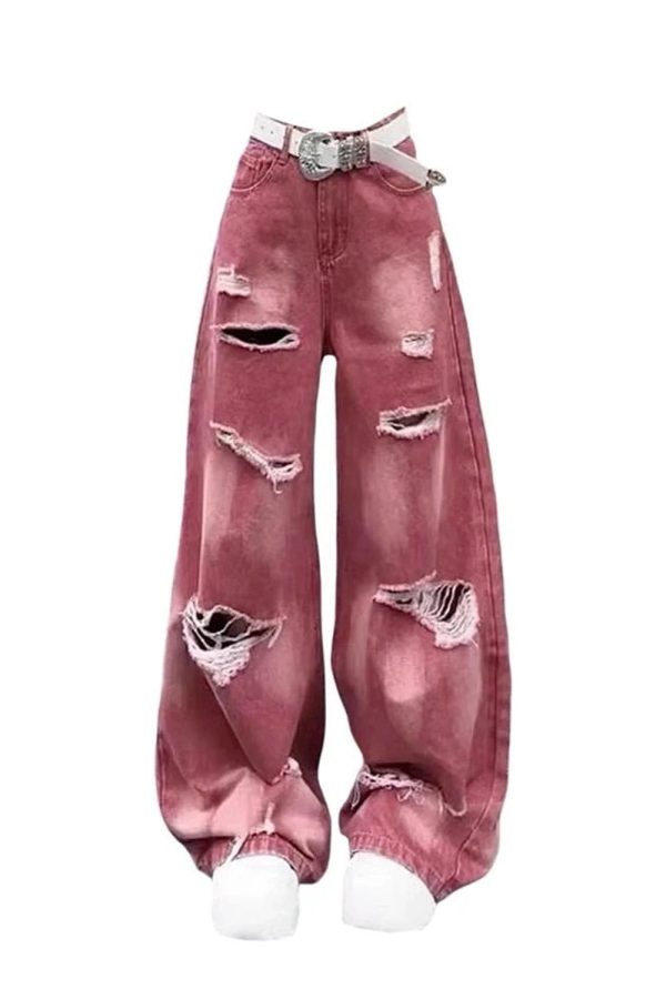 Retro Rose Distressed Baggy Jeans - Y2K Outfits for Women, Cute & Trendy