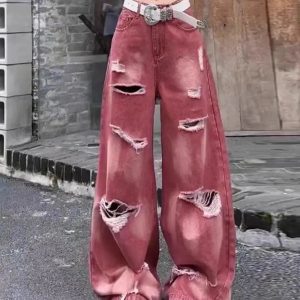 Retro Rose Distressed Baggy Jeans - Y2K Outfits for Women, Cute & Trendy