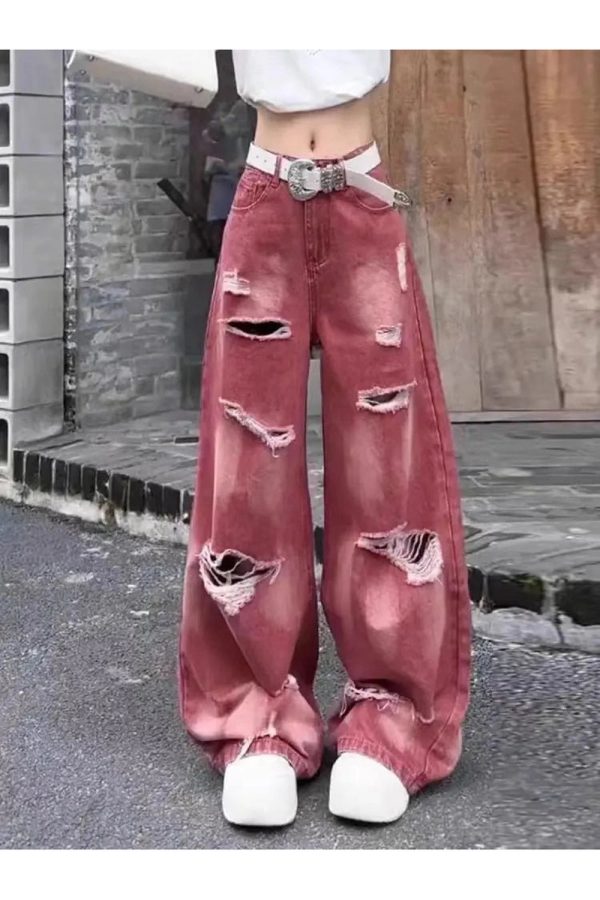 Retro Rose Distressed Baggy Jeans - Y2K Outfits for Women, Cute & Trendy