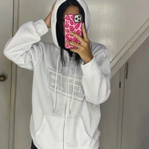 Rhinestone Logo Zip-Up Hoodie | Trendy Y2K Outfits for Women