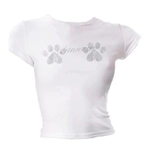 Rhinestone Paw Print Baby Top - Trendy Y2K Outfits for Women & Girls