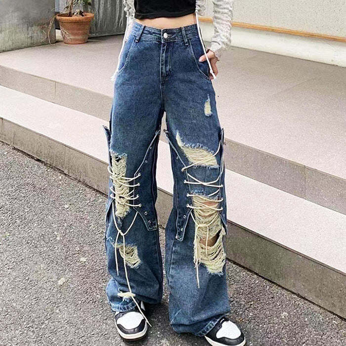 Ripped Lace Up Baggy Jeans - Trendy Y2K Outfits for Women & Girls