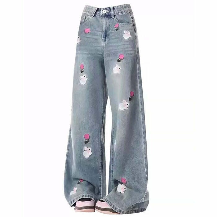 Rose and Bunny Embroidery Jeans - Trendy Y2K Outfits for Women