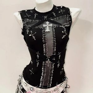 Safety Pin Cross Punk Top - Trendy Y2K Outfits for Women & Emo Style