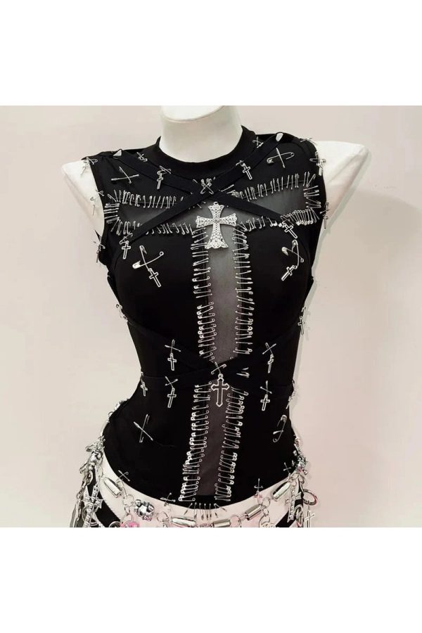 Safety Pin Cross Punk Top - Trendy Y2K Outfits for Women & Emo Style