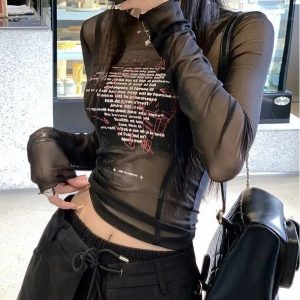 Sheer Black Text Graphic Mesh Top - Trendy Y2K Outfits for Women