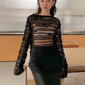 Sheer Shadow Striped Knit Top - Trendy Y2K Outfits for Women Fashion