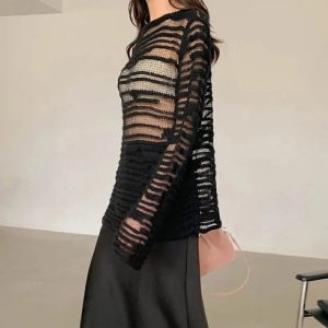 Sheer Shadow Striped Knit Top - Trendy Y2K Outfits for Women Fashion