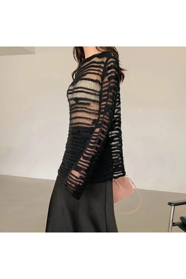 Sheer Shadow Striped Knit Top - Trendy Y2K Outfits for Women Fashion