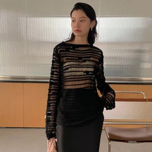 Sheer Shadow Striped Knit Top - Trendy Y2K Outfits for Women Fashion