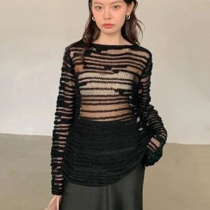 Sheer Shadow Striped Knit Top - Trendy Y2K Outfits for Women Fashion