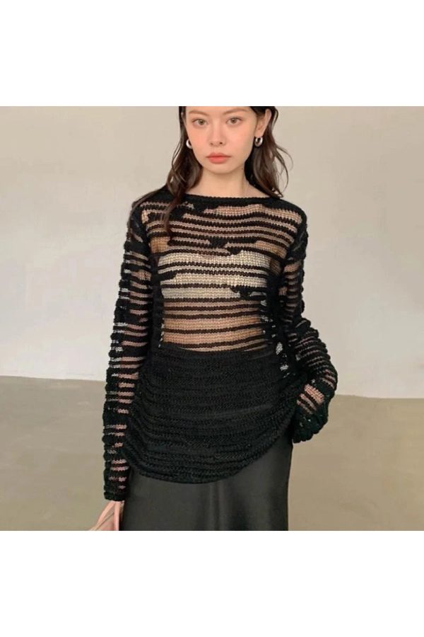 Sheer Shadow Striped Knit Top - Trendy Y2K Outfits for Women Fashion