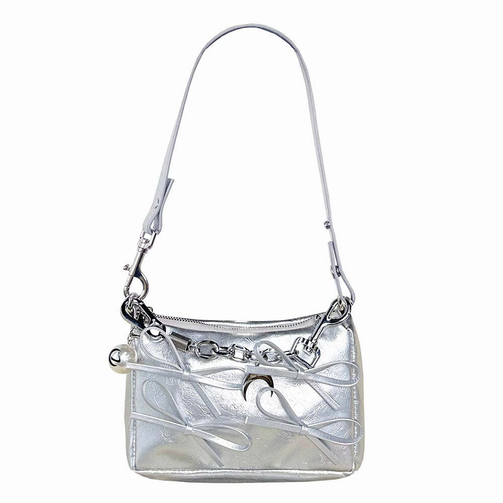 Silver Bows Shoulder Bag - Trendy Y2K Outfits for Women & Girls