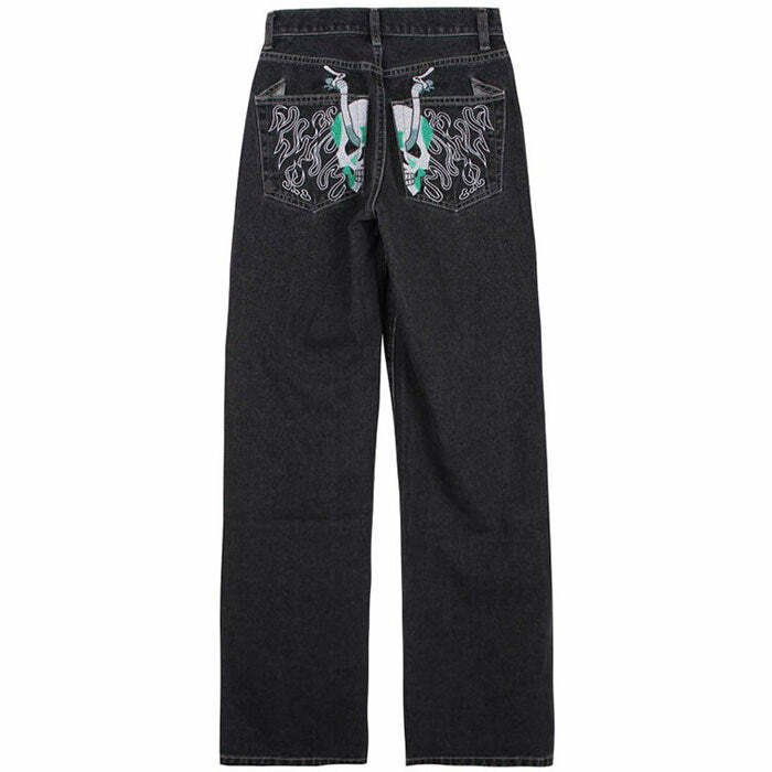 Skeleton Embroidery Jeans - Trendy Y2K Outfits for Women & Girls