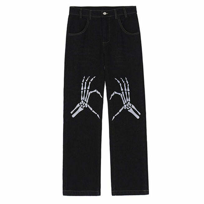 Skeleton Hands Embroidery Jeans - Y2K Outfits for Women, Cute & Aesthetic