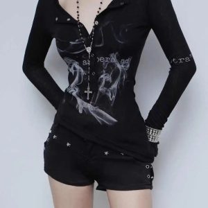 Smoke Print Goth Top - Y2K Outfits for Women, Emo & Aesthetic Styles