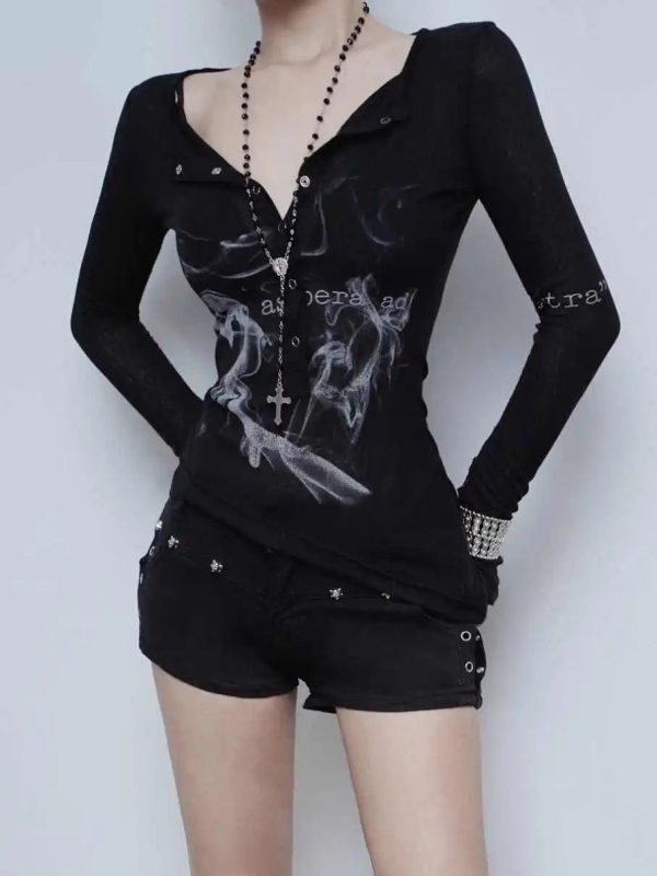 Smoke Print Goth Top - Y2K Outfits for Women, Emo & Aesthetic Styles