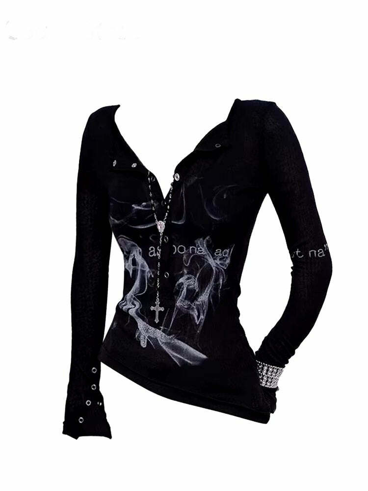 Smoke Print Goth Top - Y2K Outfits for Women, Emo & Aesthetic Styles