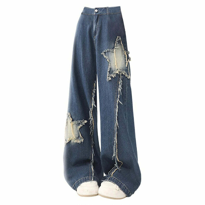 Star Patch Wide Leg Jeans - Trendy Y2K Outfits for Women & Girls