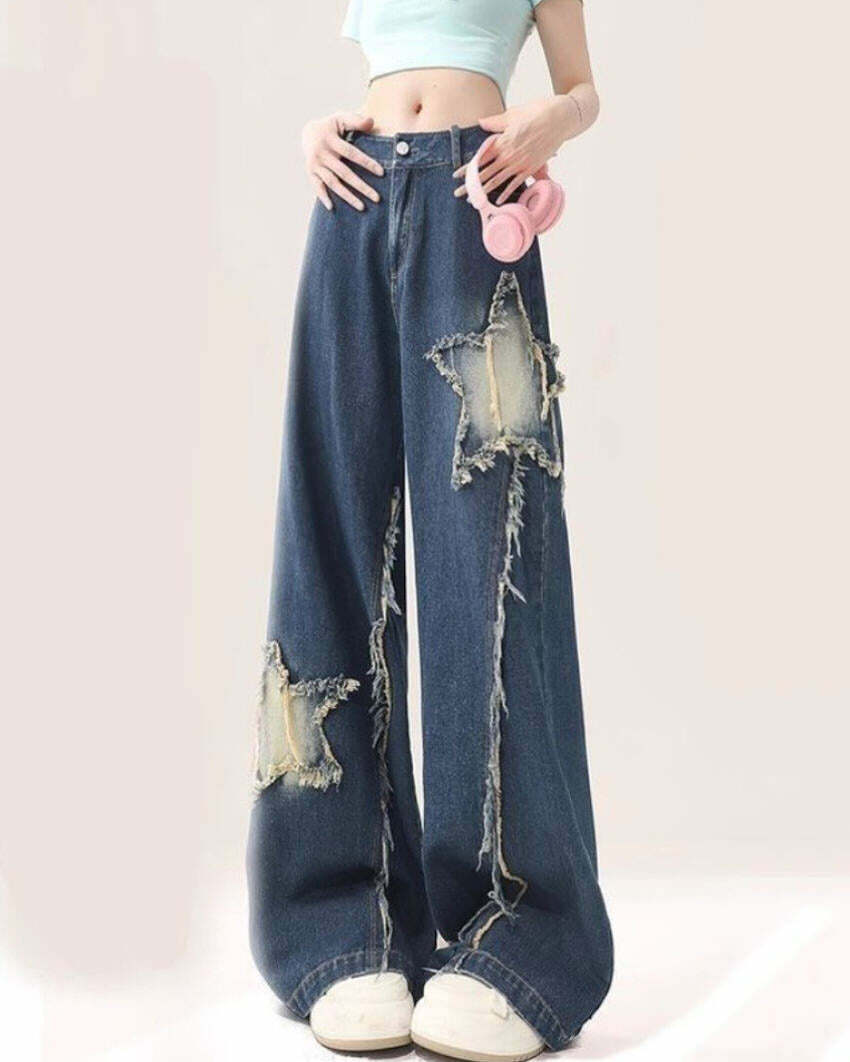 Star Patch Wide Leg Jeans - Trendy Y2K Outfits for Women & Girls