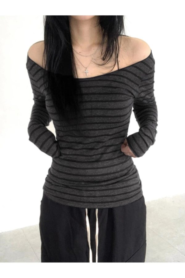 Striped Off-Shoulder Knit Top - Trendy Y2K Outfits for Women