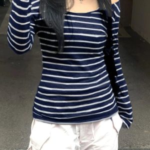 Striped Off-Shoulder Knit Top - Trendy Y2K Outfits for Women