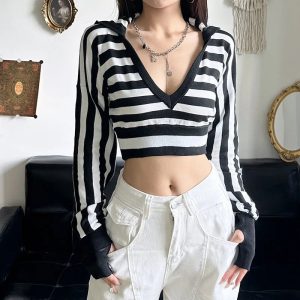 Striped Shadow Crop Hoodie - Trendy Y2K Outfits for Women & Girls