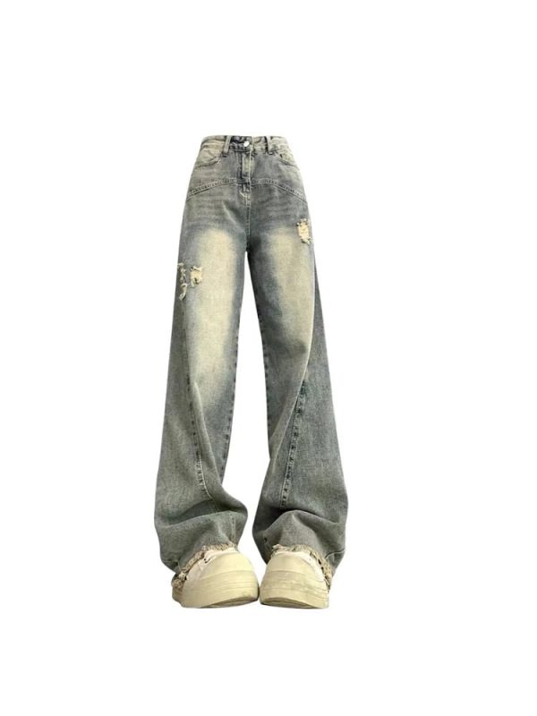 Vintage Fade Distressed Wide-Leg Jeans - Y2K Outfits for Women