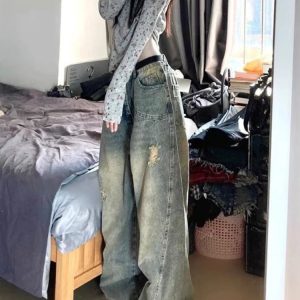 Vintage Fade Distressed Wide-Leg Jeans - Y2K Outfits for Women