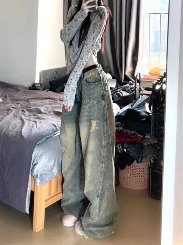 Vintage Fade Distressed Wide-Leg Jeans - Y2K Outfits for Women