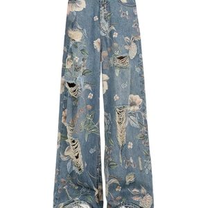 Vintage Floral Wide-Leg Jeans - Y2K Outfits for Women, Cute & Aesthetic