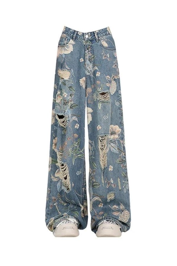 Vintage Floral Wide-Leg Jeans - Y2K Outfits for Women, Cute & Aesthetic