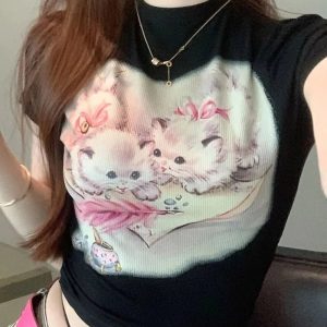 Vintage Kitten Graphic Top | Y2K Outfits Women, Cute & Aesthetic Styles