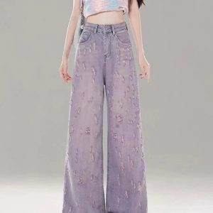 Vintage Lilac Distressed Wide-Leg Jeans - Y2K Outfits for Women