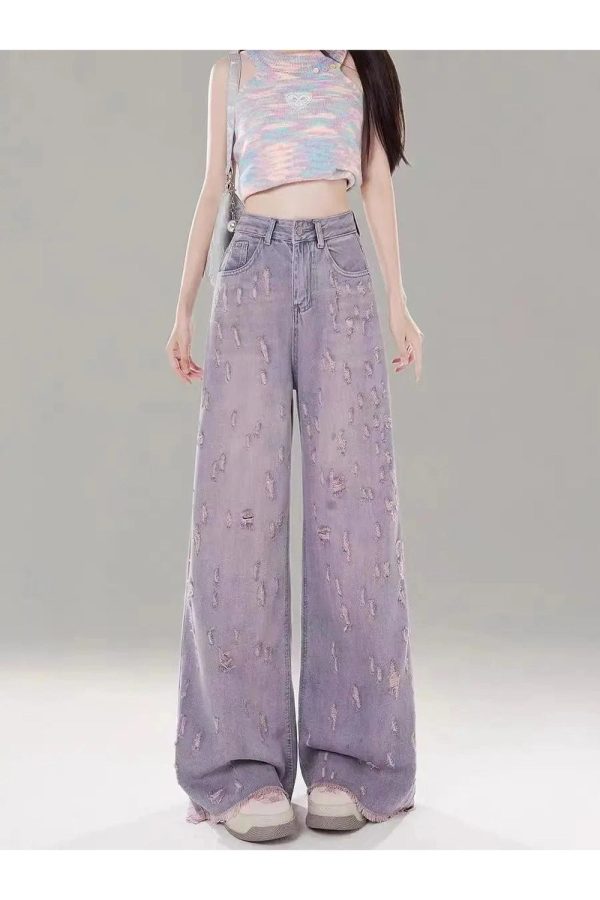 Vintage Lilac Distressed Wide-Leg Jeans - Y2K Outfits for Women