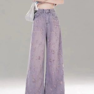 Vintage Lilac Distressed Wide-Leg Jeans - Y2K Outfits for Women