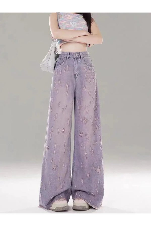 Vintage Lilac Distressed Wide-Leg Jeans - Y2K Outfits for Women