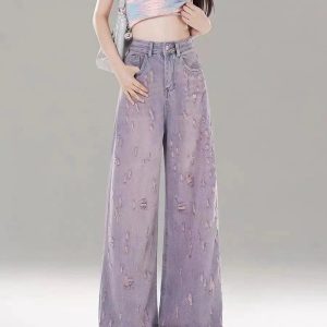 Vintage Lilac Distressed Wide-Leg Jeans - Y2K Outfits for Women